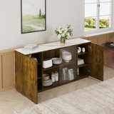 Elegant Black Brown Wooden Sideboard With Glass Doors And Granite Top