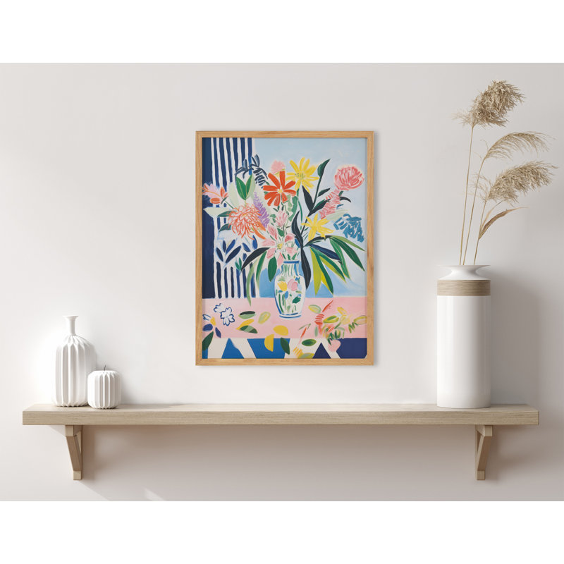 «Cheerful Maximalist Flower Vase» par The Creative Bunch Studio, reproduction d'art encadrée, Encadrement brun clair