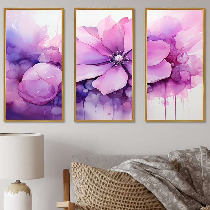 Encre botanique florale rose et mauve - art mural botanique, Cadre flottant doré, H 40 po x l 61 po x P 1 po