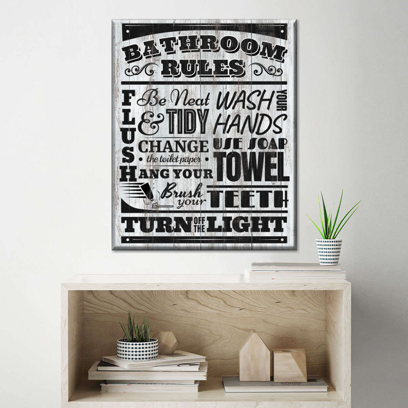 «Golden Bathroom Rules» sur toile, H 10 po x l 8 po x P 1 po