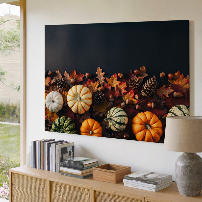 «Canvas A Vibrant Autumnal Flat Lay», art mural Medley de citrouilles de différentes tailles et teintes, y compris une citrouille rayée avec toile
