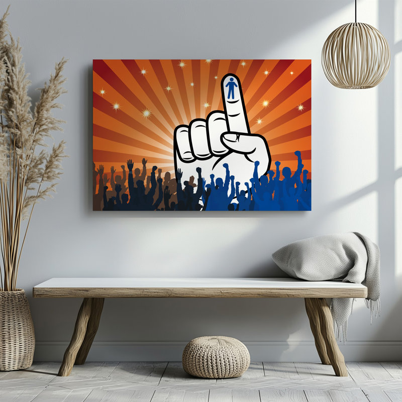 Toile, une illustration stylisée avec un doigt en relief surélevé symbolisant l'art mural votant avec une petite figure bleue