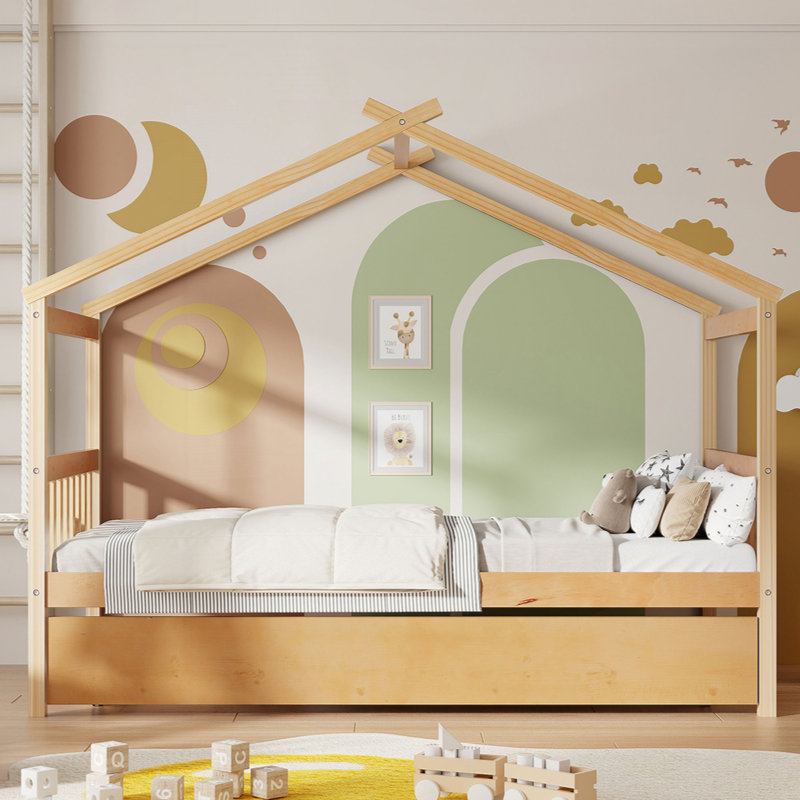 Lit en bois avec lit gigogne simple, Blanc, Double