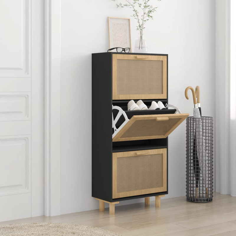 Shoe Cabinet 52x25x115 cm Engineered Wood&Natural Rattan, Black