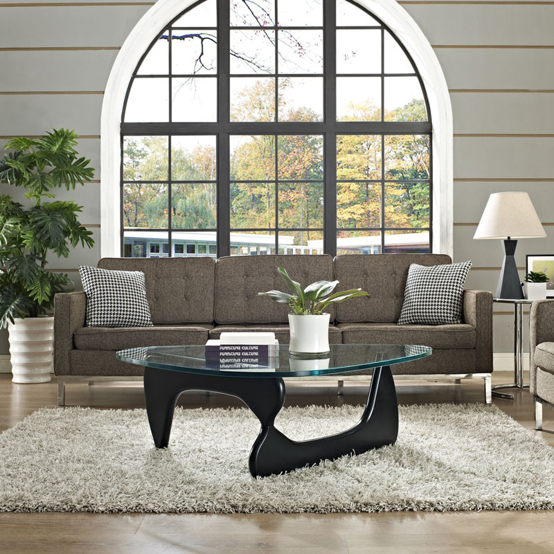 Triangle Glass Coffee Table with Wooden Base Clear Glass Top Mid-Century Abstract Glass Table, Black