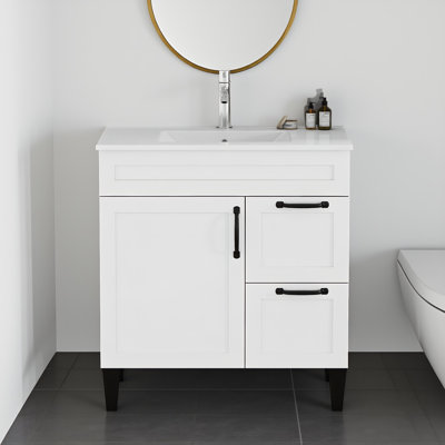 31.5-inch Bathroom Vanity With Ceramic Sink, Mordern Vanity Cabinet With 1 Door and 2 Drawers, Black Metal Handle and Solid Feet, Soft Close Hinge, Bathroom Cabinet, White