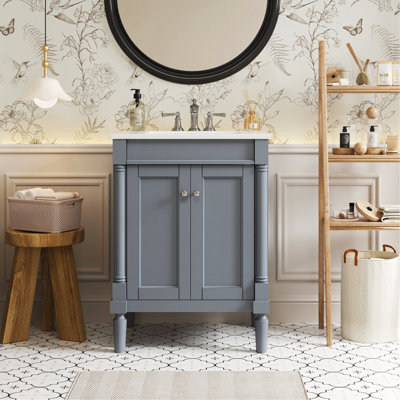 Meuble-lavabo 24 po avec lavabo supérieur, meuble de rangement moderne à 2 niveaux, meuble-lavabo simple, grandes tablettes de rangement