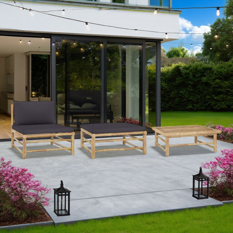 Ensemble de salon modulaire d'extérieur 3 pièces, table et repose-pieds, bambou, gris foncé