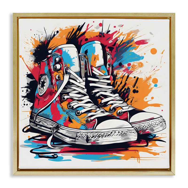 Cadre flottant coloré avec espadrilles colorées Graffiti Splash, design Creative Studio, Cadre flottant métallique doré