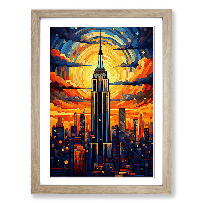 Empire State Building Orphism Art - Framed Print, 34cm H x 25cm W x 2cm D, Oak