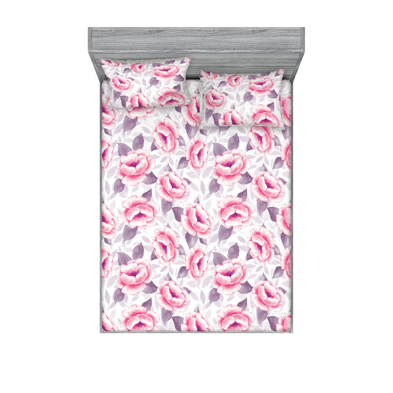 Ambesonne Fitted Sheet & Sham Soft Colours Leafy Art Pastel Pink Grey Pink, California King Sheet Set with 2 Pillowcases