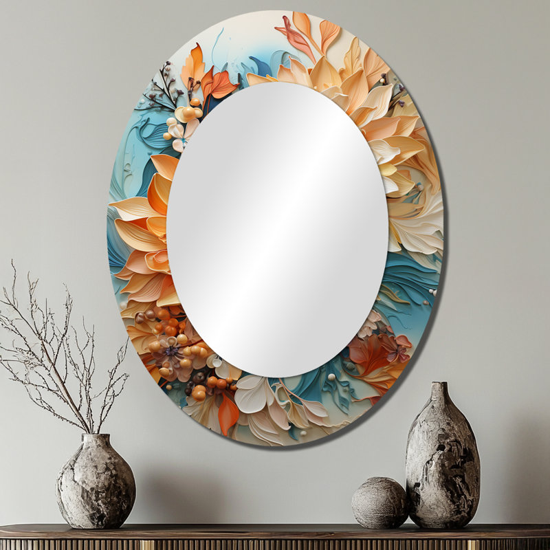 Grand miroir mural ovale orange sarcelle Botanical Whirlwind I, 40 po x 30 po