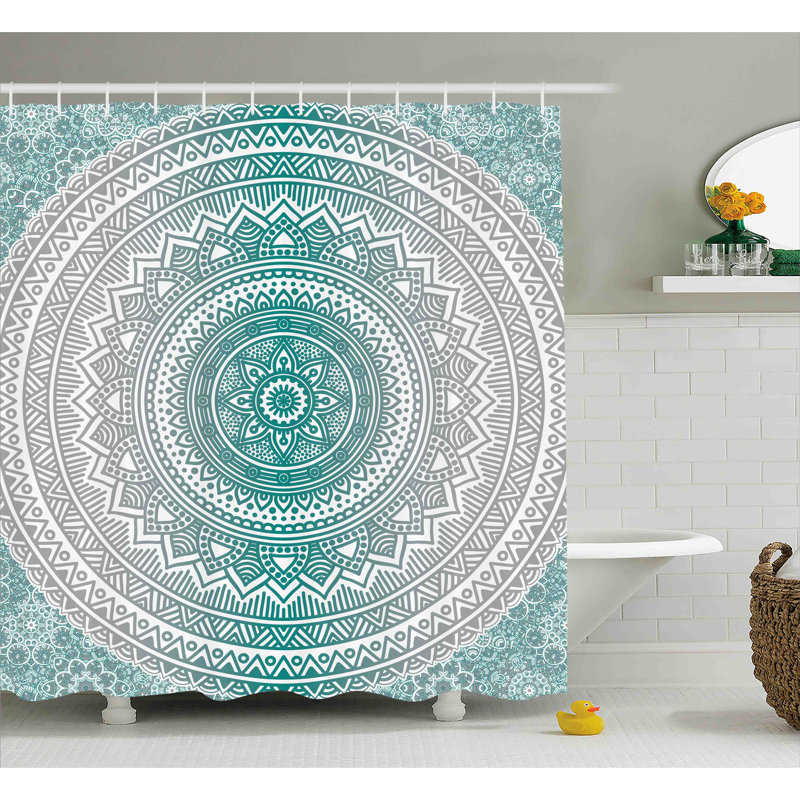Rideau de douche simple méditation tapis theme Cormac, H 84 po x l 69 po, Bleu sarcelle/Gris