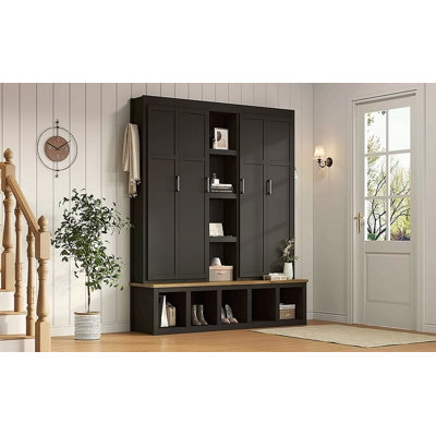 62.9"W Farmhouse 4-In-1 Hall Tree With 6 Hanging Hooks, Mudroom Wood Grain Bench With Open Compartments, Entryway Shoe Cabinet With Seating Bench For Living Room, Hallway