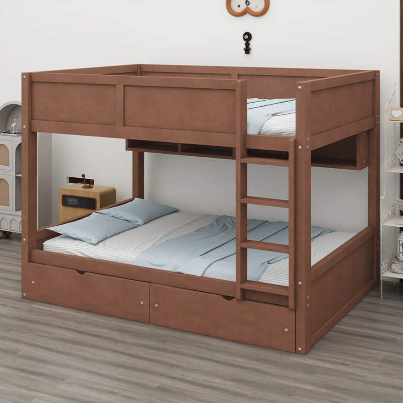 Multifunctional bunk bed system, equipped with storage shelves, under-bed drawers, and decorative LED lighting, Brown