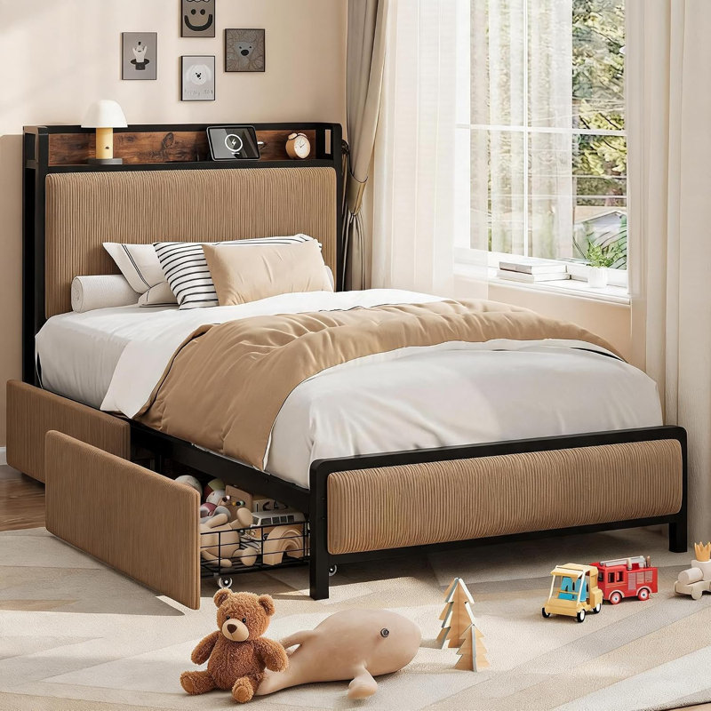 Structure de lit simple TG avec 2 tiroirs et station de charge, brun