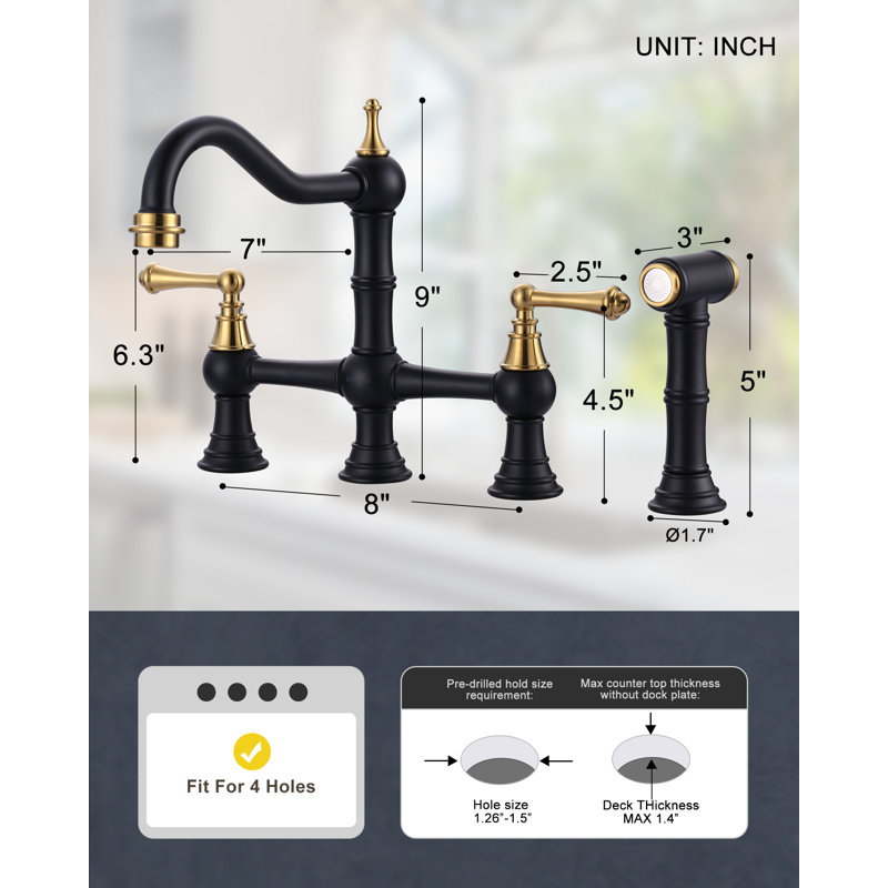 Robinet de cuisine pont en laiton Heritage avec douchette, robinet de cuisine 4 trous à 2 poignées, robinet central de 8 pouces pour éviers de cuisine