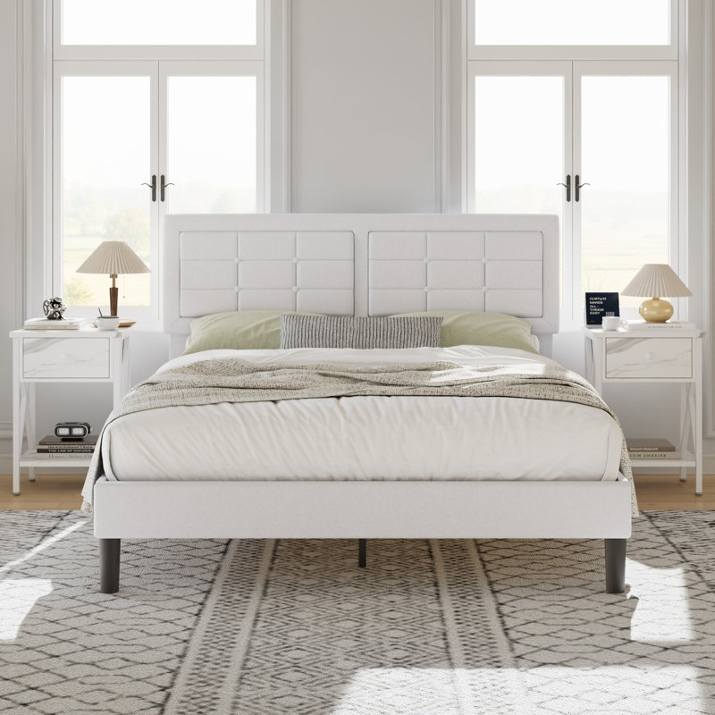 Ensemble de chambre à coucher 3 pièces, cadre de lit plateforme tapissier avec tête de lit réglable + 2 tables de chevet, lit en tissu de lin avec support en lattes de bois, aucun sommier nécessaire, ensemble de mobilier de chambre à coucher moderne