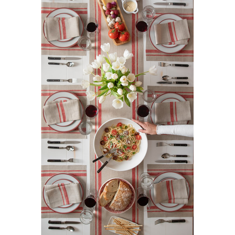 French Stripe - 100% Pure Linen Table Runner, 36" x 14", Red/Natural