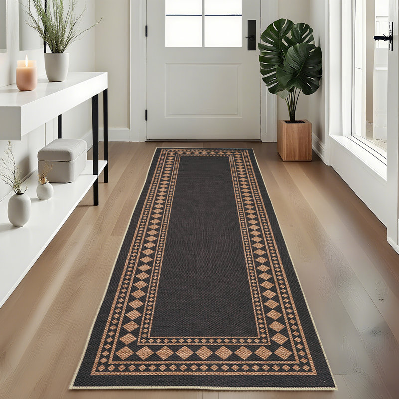 Modern Easy Jute Rug Machine Washable Geometric Bordered Indoor Outdoor Carpet with Non-Slip Backing, Non-Shedding Floor Cover for Backyard, Bedroom, Patio
