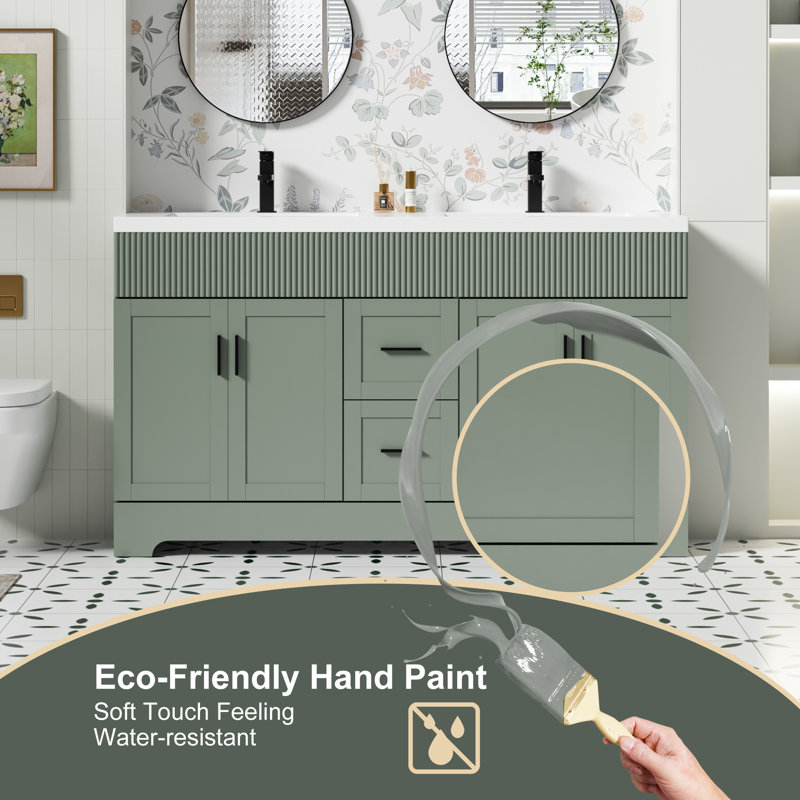 Breonica Shavon 60" Double Sink Bathroom Vanity With Resin Top, Zinc Alloy Faucet, Hand Painted, EPA certificate, Green