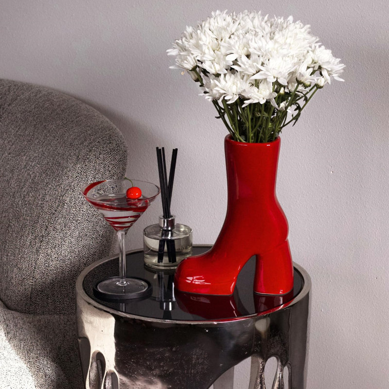 Red Ceramic Boot Vase for Table Decor