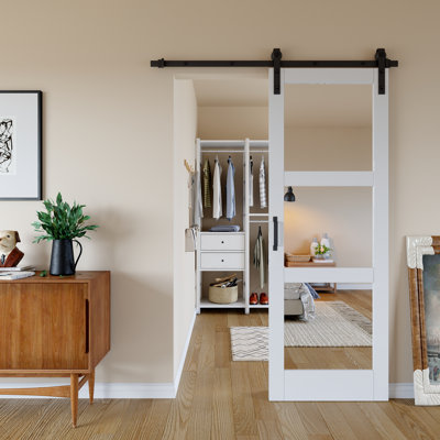 Pre-drilled Design,  84''H 𝗗𝗼𝘂𝗯𝗹𝗲-𝘀𝗶𝗱𝗲𝗱 𝗠𝗶𝗿𝗿𝗼𝗿 Glass Manufactured Wood Sliding Barn Door with Hardware Kit