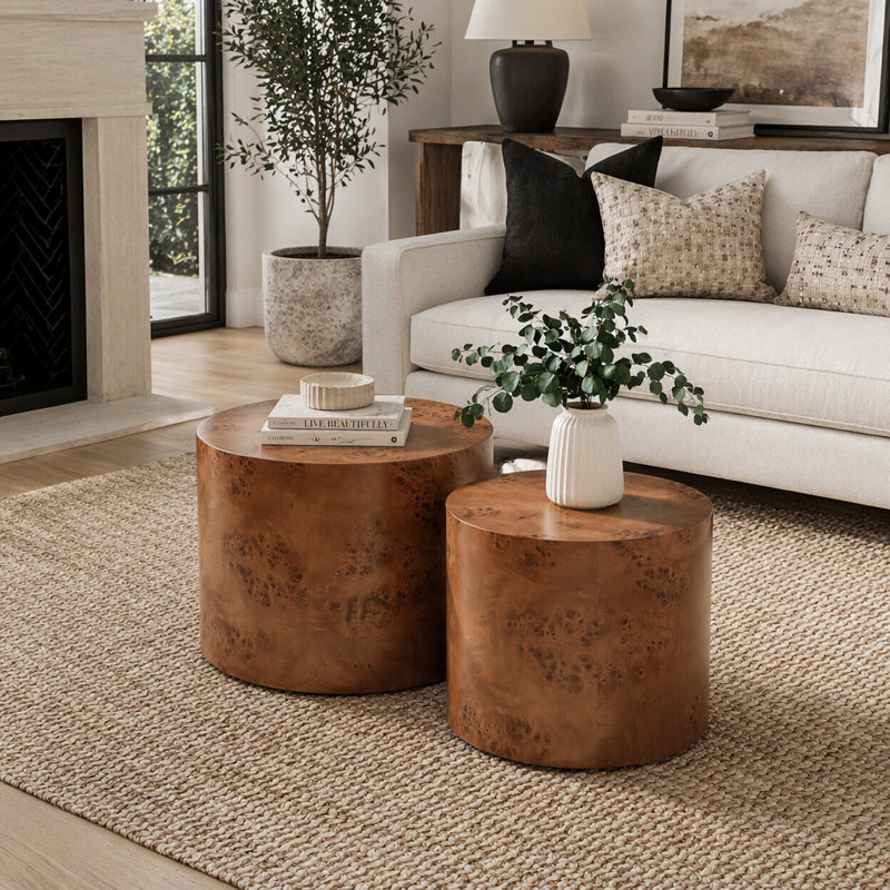 Ensemble de 2 tables basses gigognes rondes, table d'appoint en forme de souche d'arbre, sans assemblage, table d'appoint rustique à grain de tourbillon naturel pour le salon, décor de maison de campagne moderne Wabi-Sabi