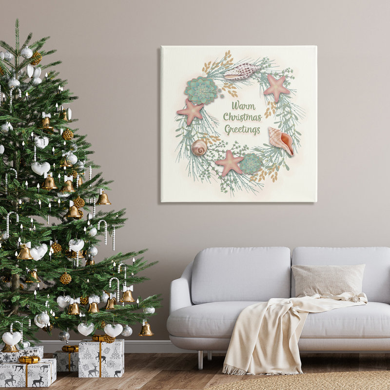 «Warm Christmas Greetings», coquille de plage, thème, couronne noire, estampe numérique, art texturé par Darlene Seale
