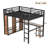 Queen Size Loft Bed Frame with Built-in Wardrobe, Metal Loft Bed with Desk and Storage Shelves, Woodgrain