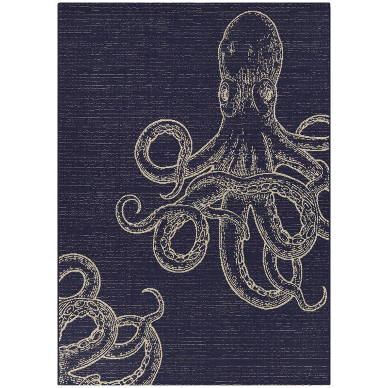Tapis bleu marine en polypropylène tissé à la machine intérieur / extérieur Laguna, Rectangle 7 pi 10 po x 10 pi