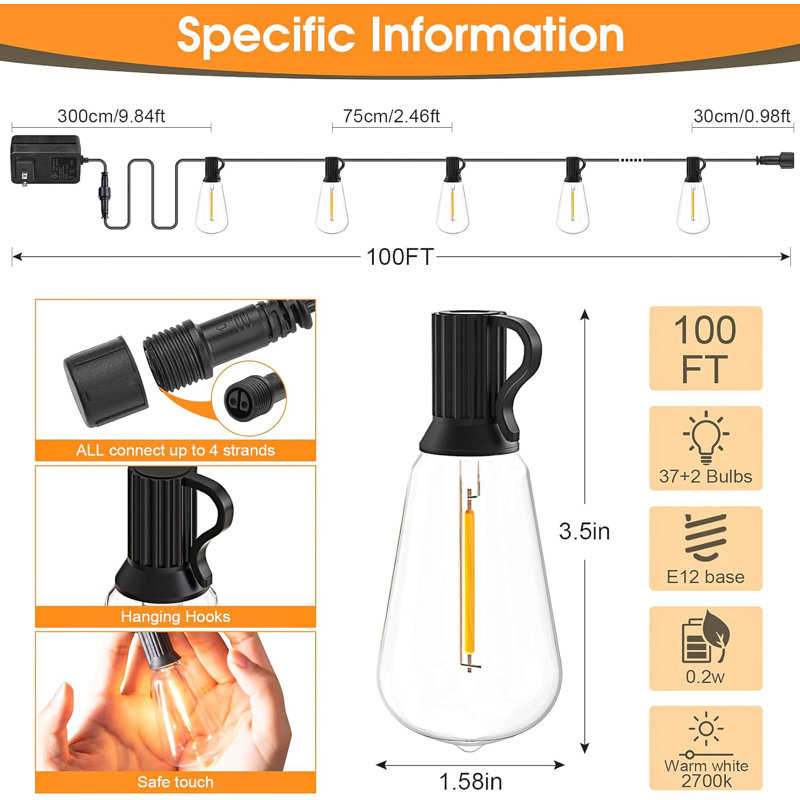 Outdoor String Lights with Remote, 100FT Low Voltage More Safety Waterproof & Shatterproof