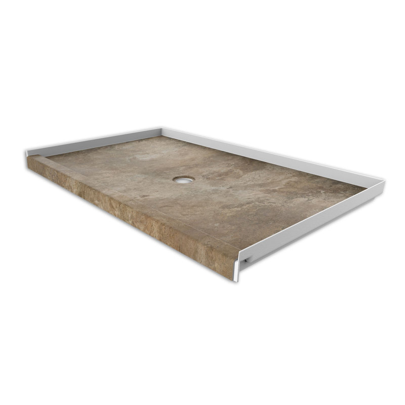 Base de douche en alcôve avec drain central en travertin moka FlexStone® l 60 po x P 36 po, Travertin moka