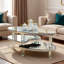 Table basse ovale en verre argenté à miroir avec conception à double couche, pieds en acrylique et décor en cristal