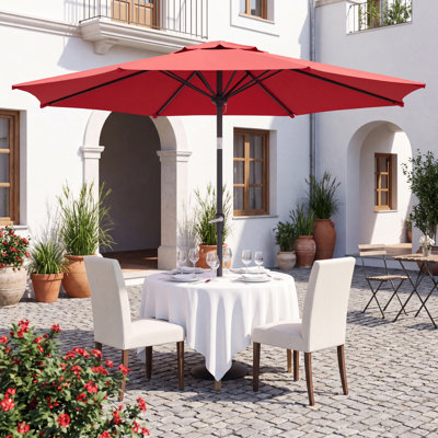 Parasol d'extérieur 10 'avec tissu en polyester rouge, parasol de terrasse avec nervures en acier, parasol de table de marché avec bouton-poussoir inclinable et manivelle imperméable