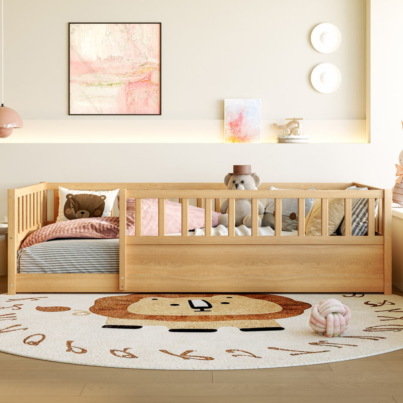 Montessori Wooden Floor Bed With Integral Construction And Super High Security Barrier For Children, Natural