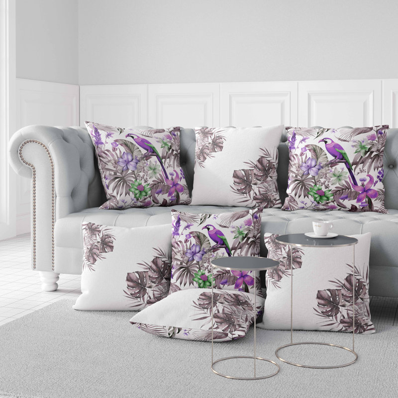 Coussin décoratif réversible d'intérieur / extérieur Leafy Lyricist, Blanc / floral mauve, H 26 po x l 26 po
