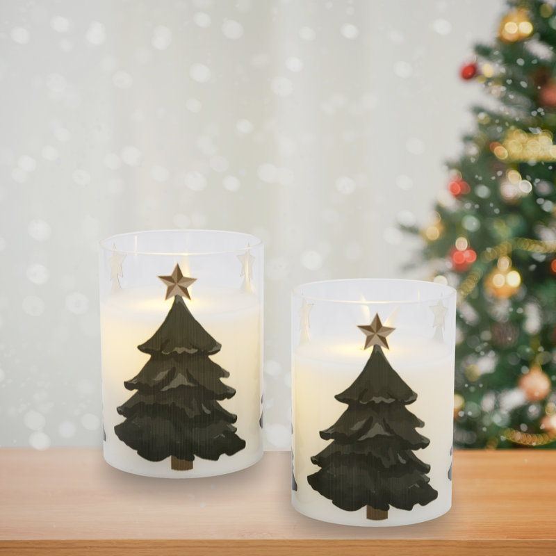 Holiday Tree Battery Operated LED Glass Candles with Moving Flame - 2 Piece