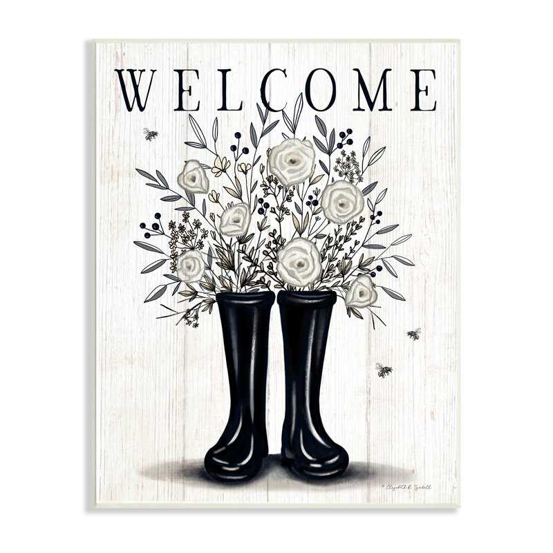 Welcome, roses blanches, jardinage, H 19 po x l 13 po x P 0,5 po, Toile