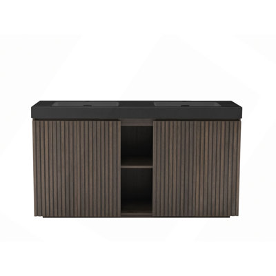 Meuble-lavabo sur pied en chêne fumé 60F avec lavabo, grand meuble-lavabo autoportant avec rangement pour salle de bain moderne, lavabo sans drain ni robinet