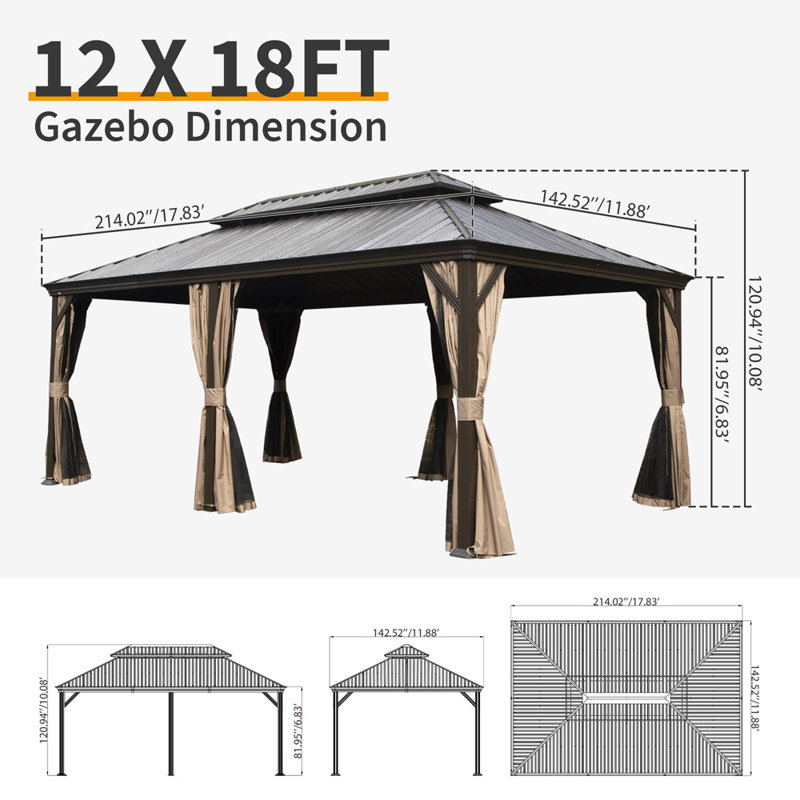 Gazebo à toit rigide 3,66 m x 5,49 m - Toit double en acier galvanisé et structure en aluminium, 12 x 18 pi
