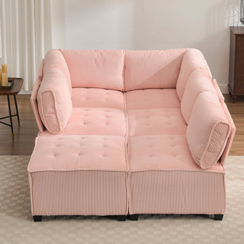 Canapé modulaire en U avec repose-pieds réversible, Velours côtelé rose