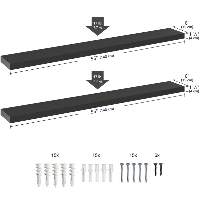 Sydney 55" W x 6" D Floating Shelves Set with Invisible Wall Mount Brackets, Noir