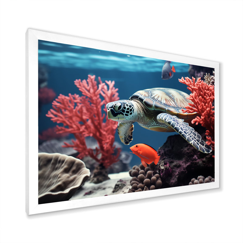 Reproduction sur toile monochrome, corail et tortue grise, Cadre de coin blanc fermé, H 34 po x l 44 po x P 1,5 po
