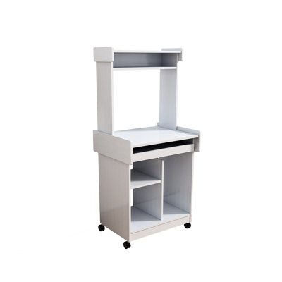 Chariot à micro-ondes blanc pour station de café et ordinateur, avec roulettes verrouillables