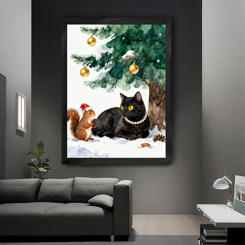 Cadre noir, aquarelle, arbre de chat de Noël, art mural, décoration festive fantaisiste, H 17 po x l 13 po
