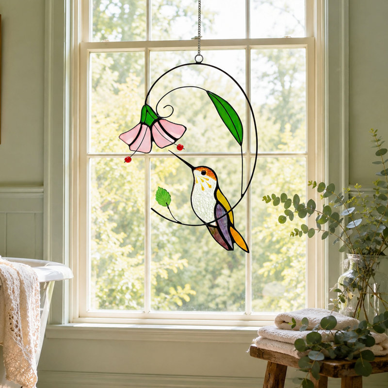 Panneau de vitrail colibri de style Tiffany avec motif floral, fenêtre en aluminium