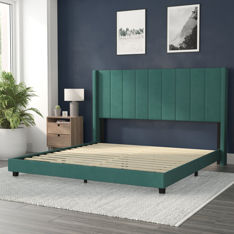 Upholstered Platform Bed with Vertical Stitched Wingback Headboard, Slatted Mattress Foundation, King, Emerald