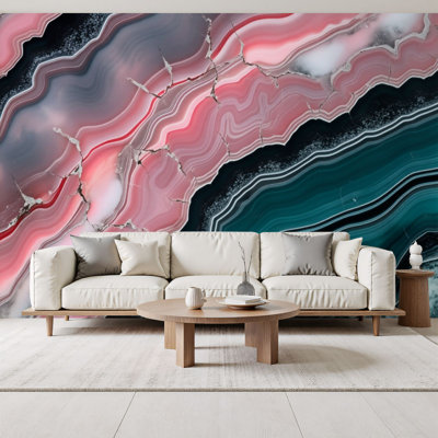 Peel and Stick Wallpaper Abstract Agate Pink Coral Teal Layers Wall Murals 100"H x 144"W Removable PVC Wall Paper Self-Adhesive Wall Decor for Bedroom Living Room Home Office