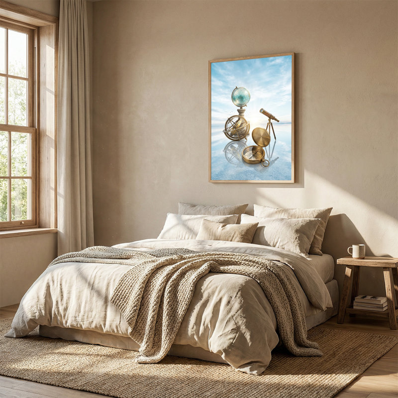 Art mural rétro avec boussole en laiton et globe céleste, H 48 po x l 36 po